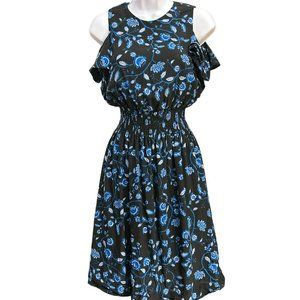 Rebecca Taylor Women's Black Blue Floral Kyoto Mini Dress Open Shoulder Size 4